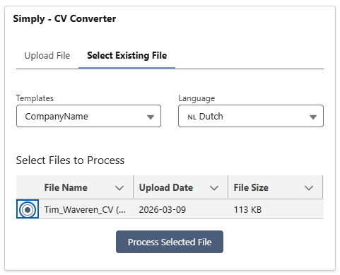 Select Existing File tab: choose a previously uploaded CV from Notes &amp; Attachments